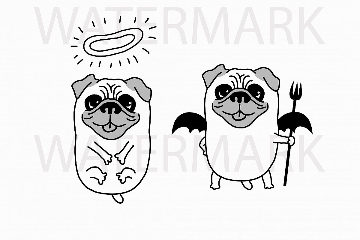 Pug Dog Angel and Demon - SVG/JPG/PNG Hand Drawing example image 1