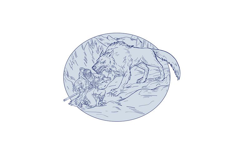 Fenrir Attacking Norse God Odin Drawing Color example image 1