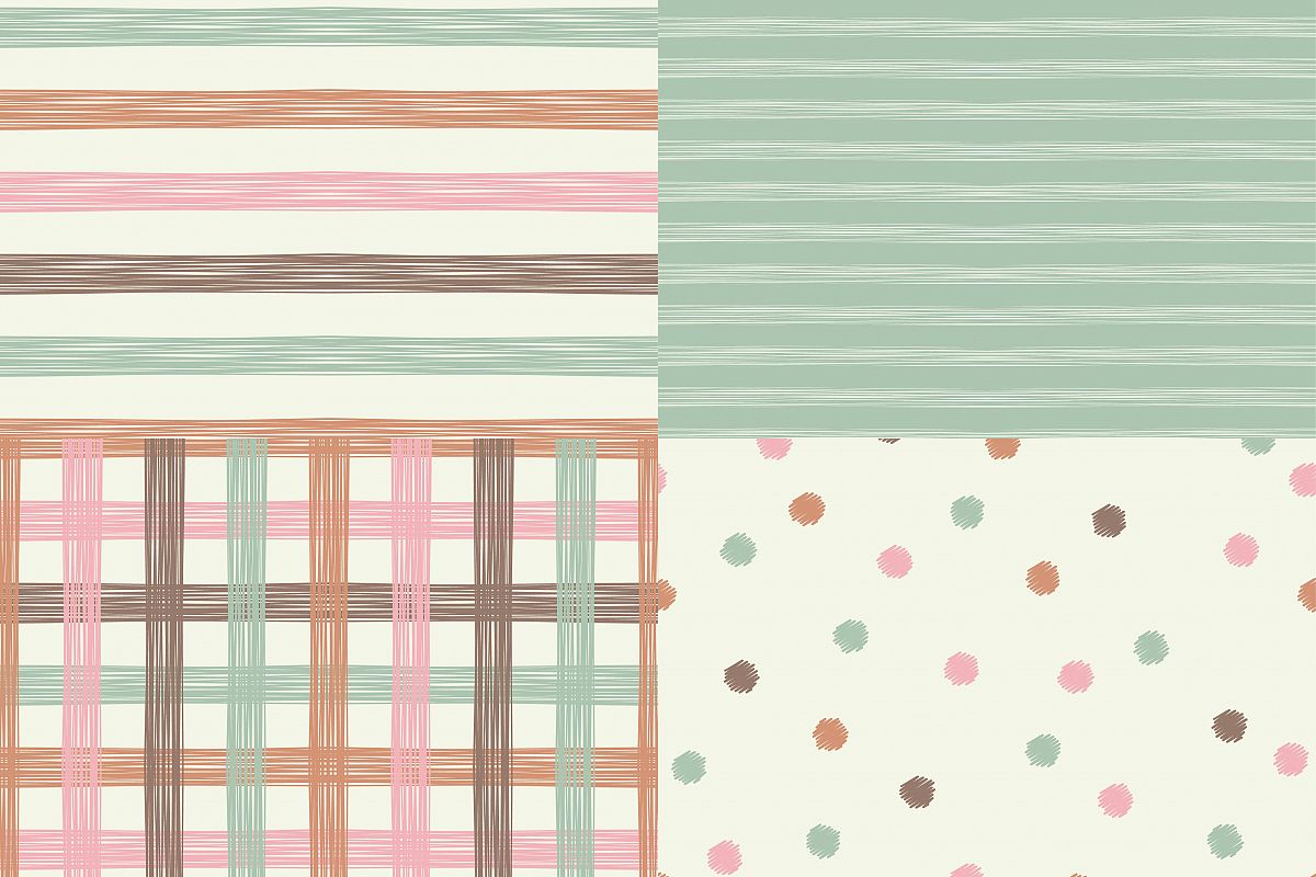 Set of 4 seamless grunge patterns with polka dot, stripe and cell. Vector illustration. Textile rapport. example image 1