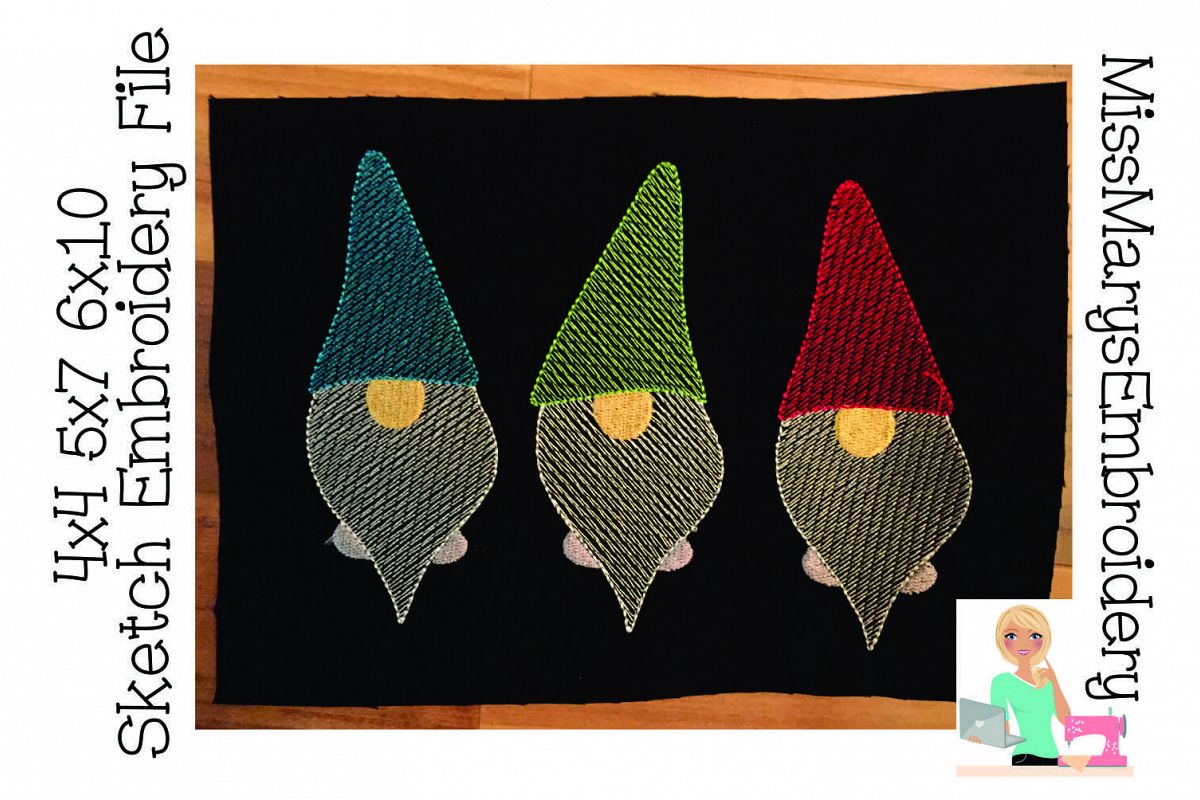 Garden Gnomes Sketch Embroidery File example image 1