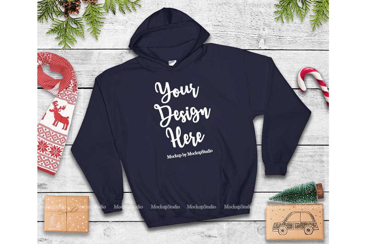 Christmas Navy Hoodie Mockup, Winter Holiday Flat Lay example image 1