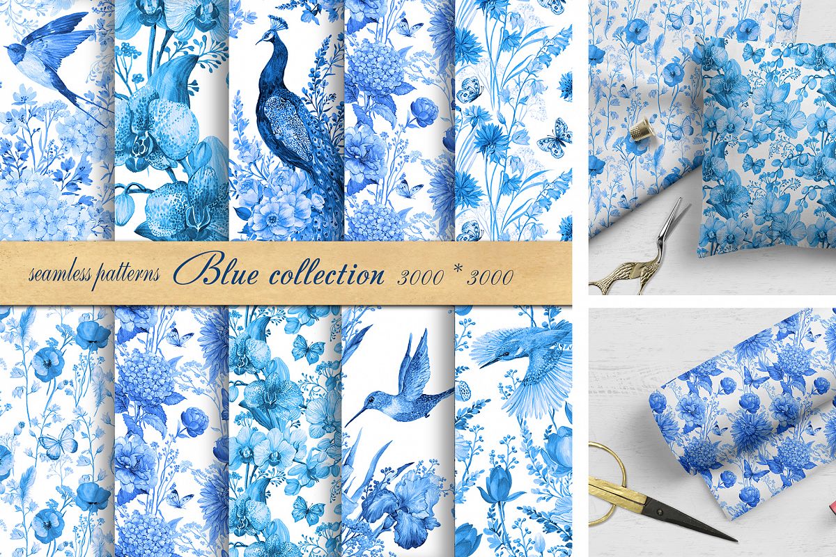 Seamless Pattern Watercolor Blue example image 1