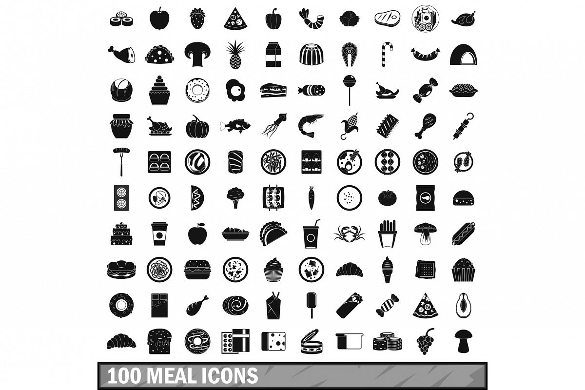100 meal icons set, simple style example image 1