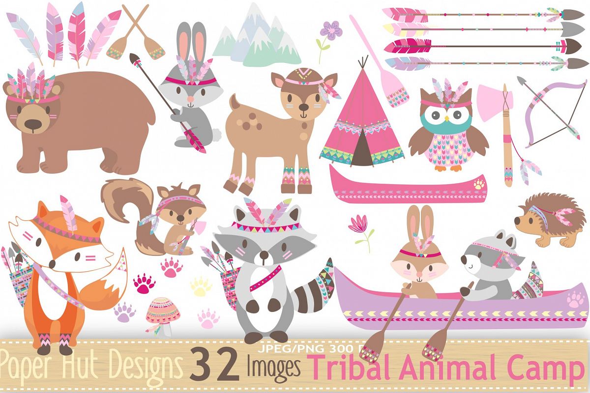 Girls Tribal Animals Clipart example image 1