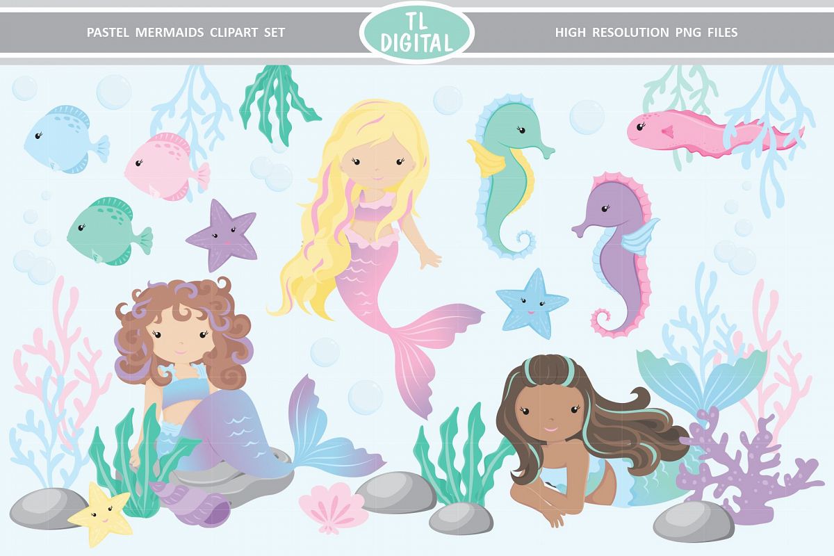 Pastel Mermaid Clipart Set 29 High Resolution PNG Graphics example image 1