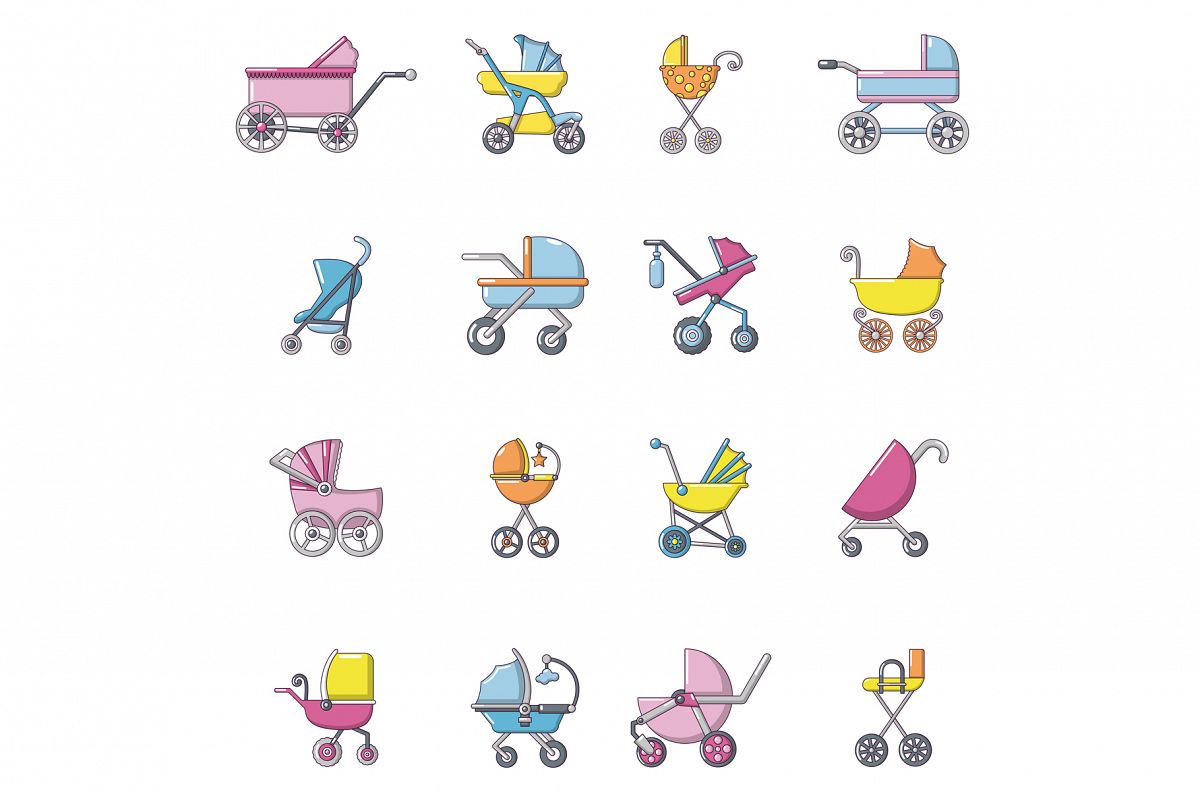 Baby carriage icons set, cartoon style example image 1