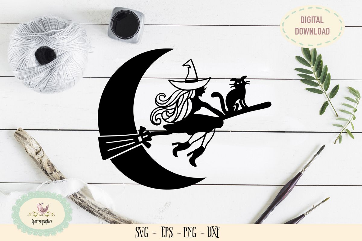 Flying cat witch halloween moon SVG PNG example image 1