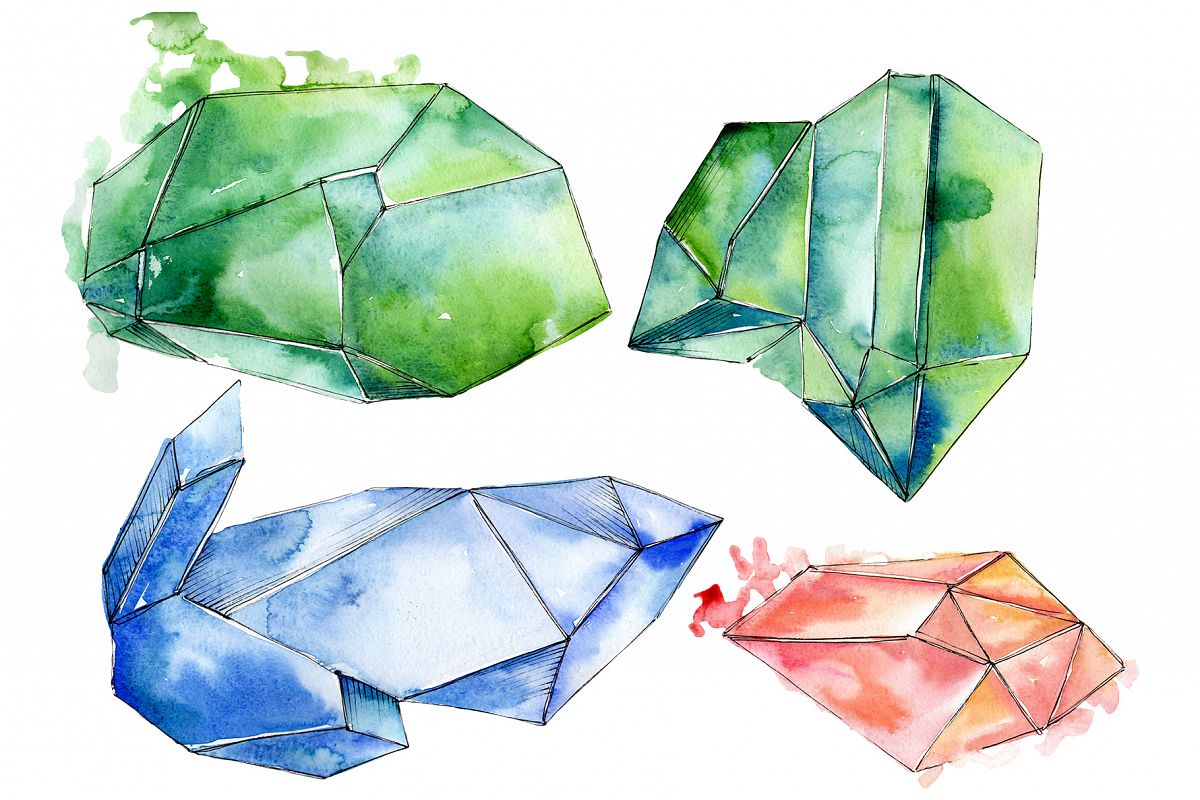 Crystals orange and green Watercolor png example image 1