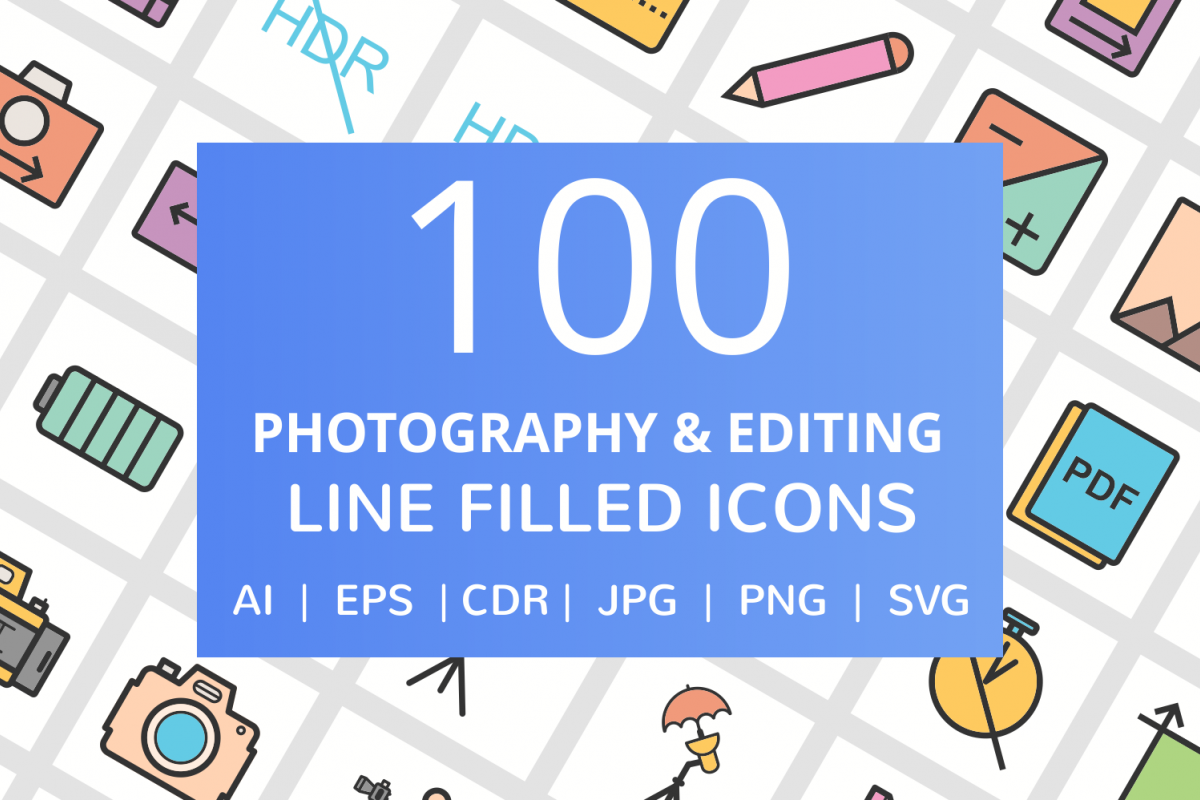 100 Photography & Picture Filled Line Icons example image 1