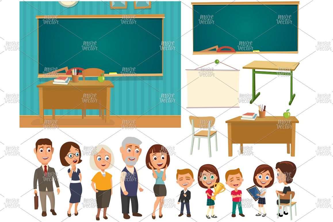 Interior classroom desk blackboard people Color vector flat example image 1