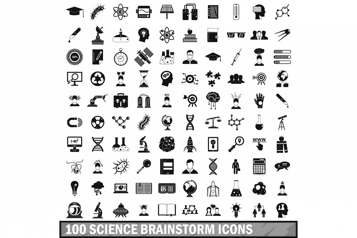 100 science brainstorm icons set, simple style example image 1