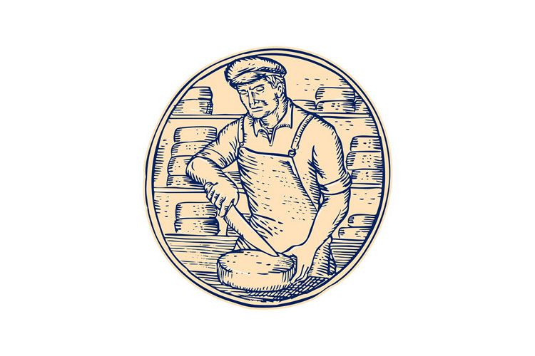 Cheesemaker Cutting Cheddar Cheese Etching example image 1