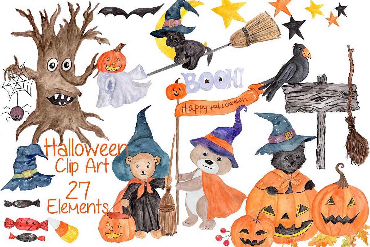 Watercolor Halloween kids clipart example image 1