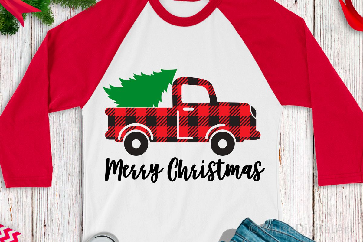 Merry Christmas Svg, Buffalo Plaid Svg, Red Truck Svg File example image 1