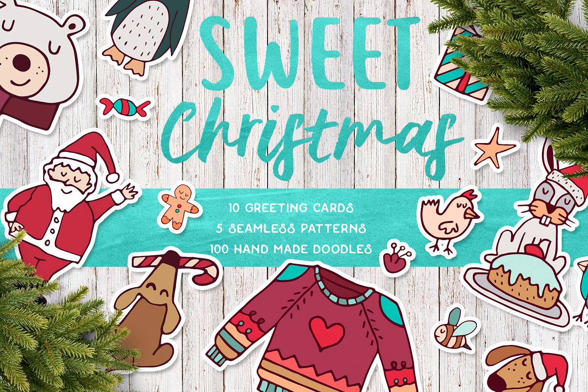 Sweet Christmas: hand drawn set with cute animals example image 1