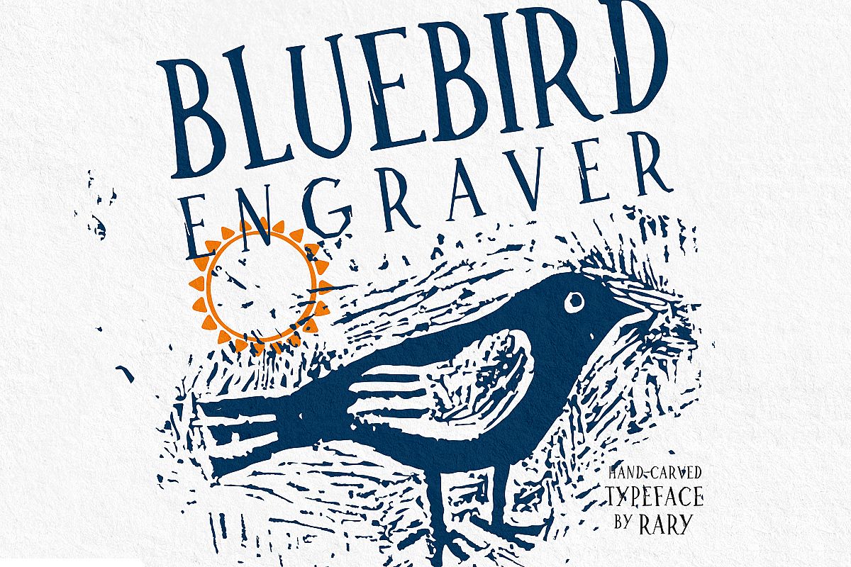 Bluebird engraver Font | An artisan hand-made stamp type. example image 1