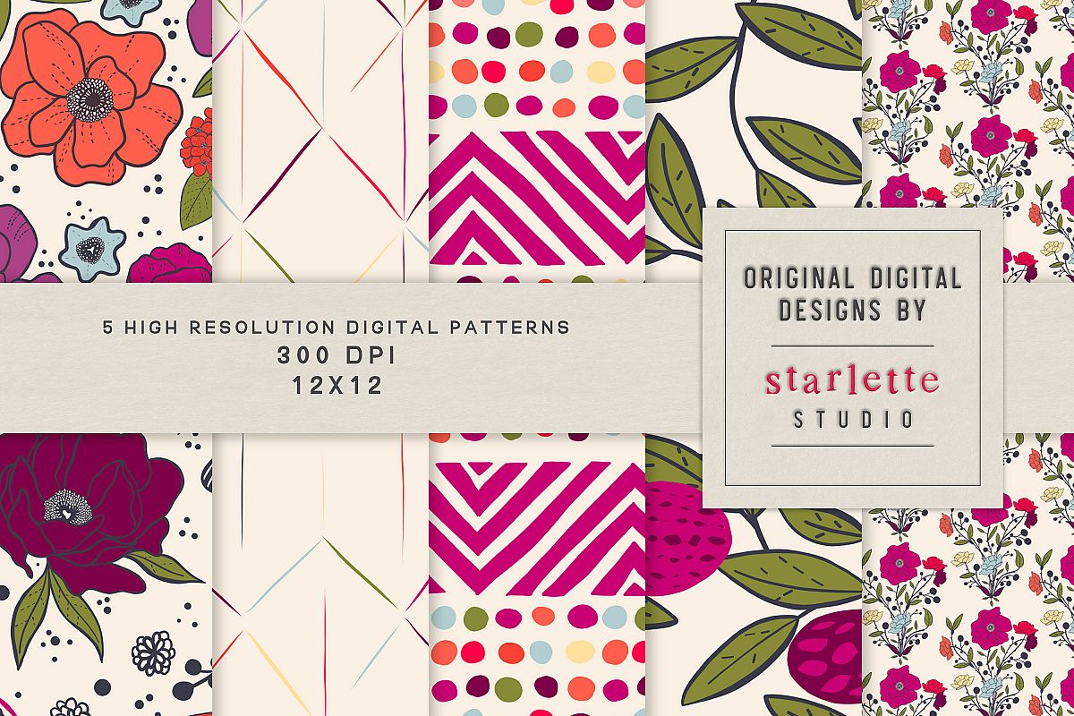 Colorful Blooming Hand-drawn Floral Pattern Set example image 1