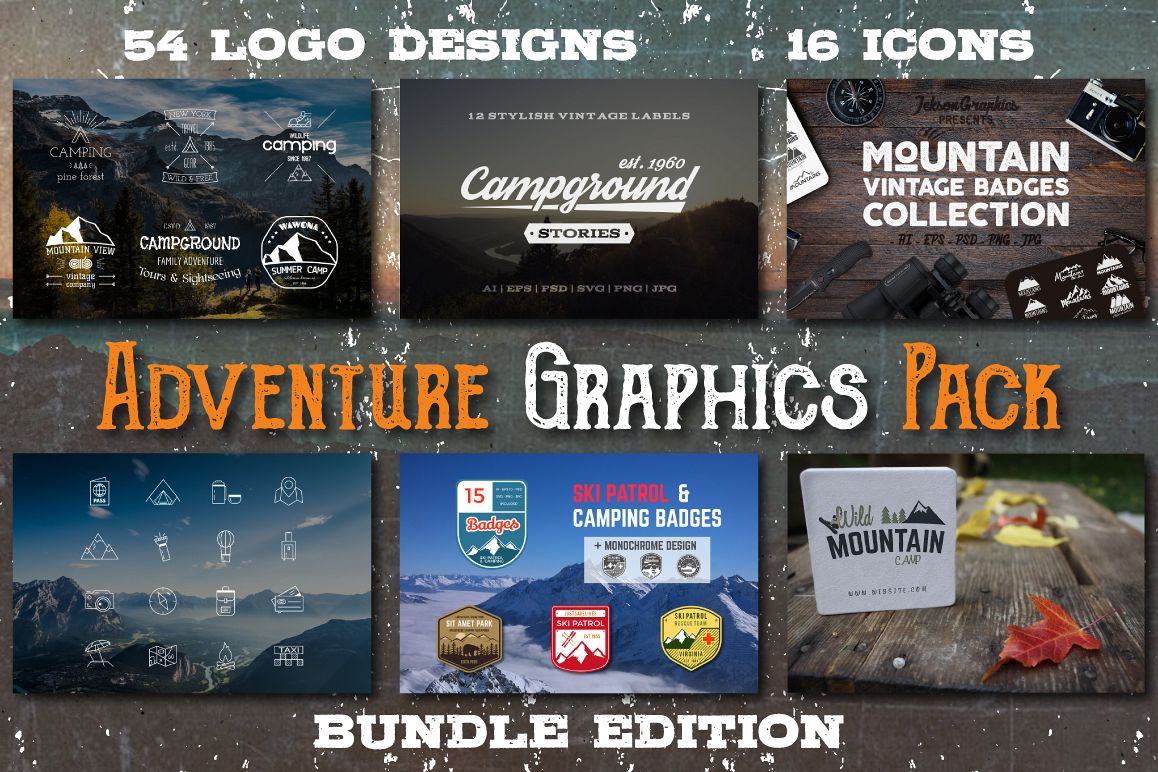 70% OFF Adventure Graphics Pack / Retro Logos Set / SVG's Collection / Icons example image 1