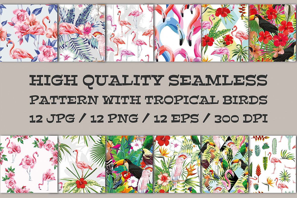 Seamless vector pattern with tropical birds, flowers, leaves example image 1