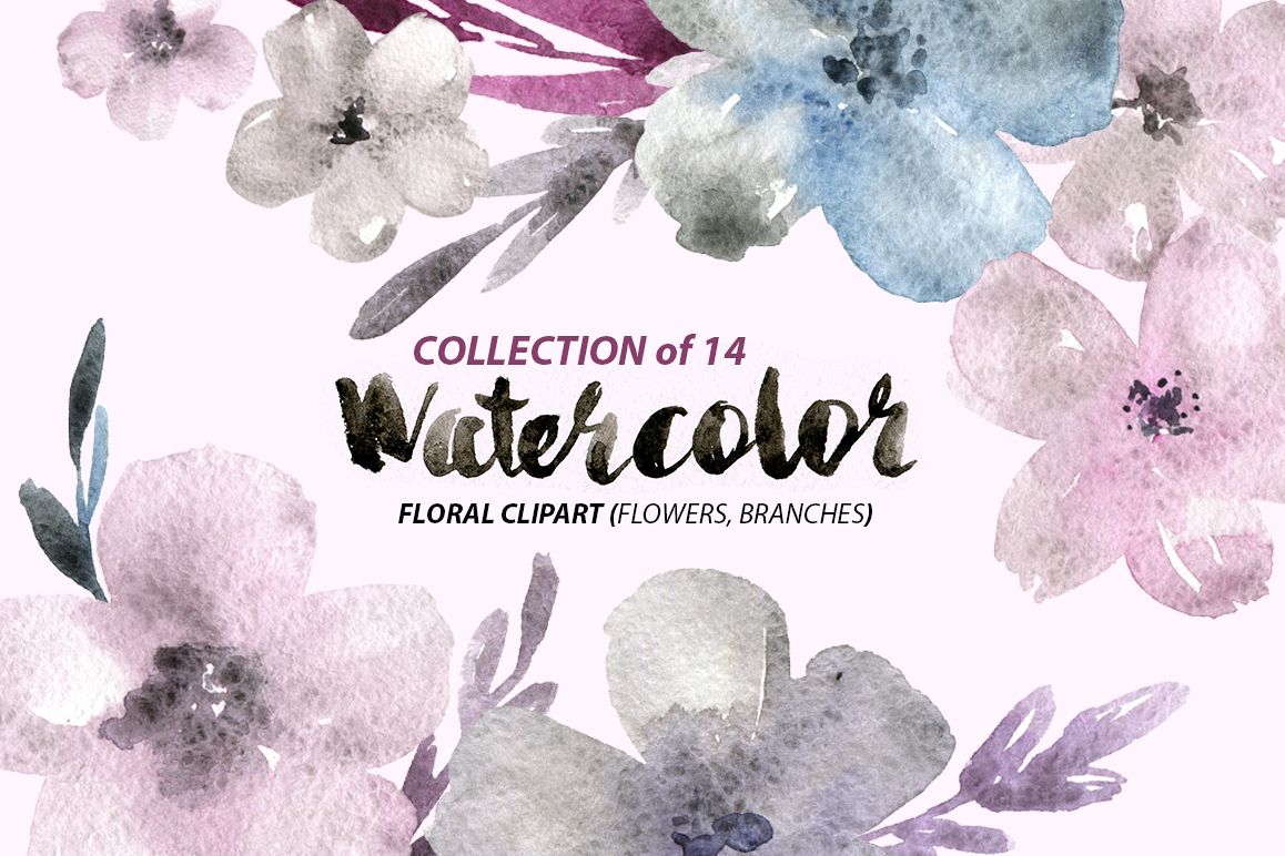 Grey watercolor flowers and branches example image 1