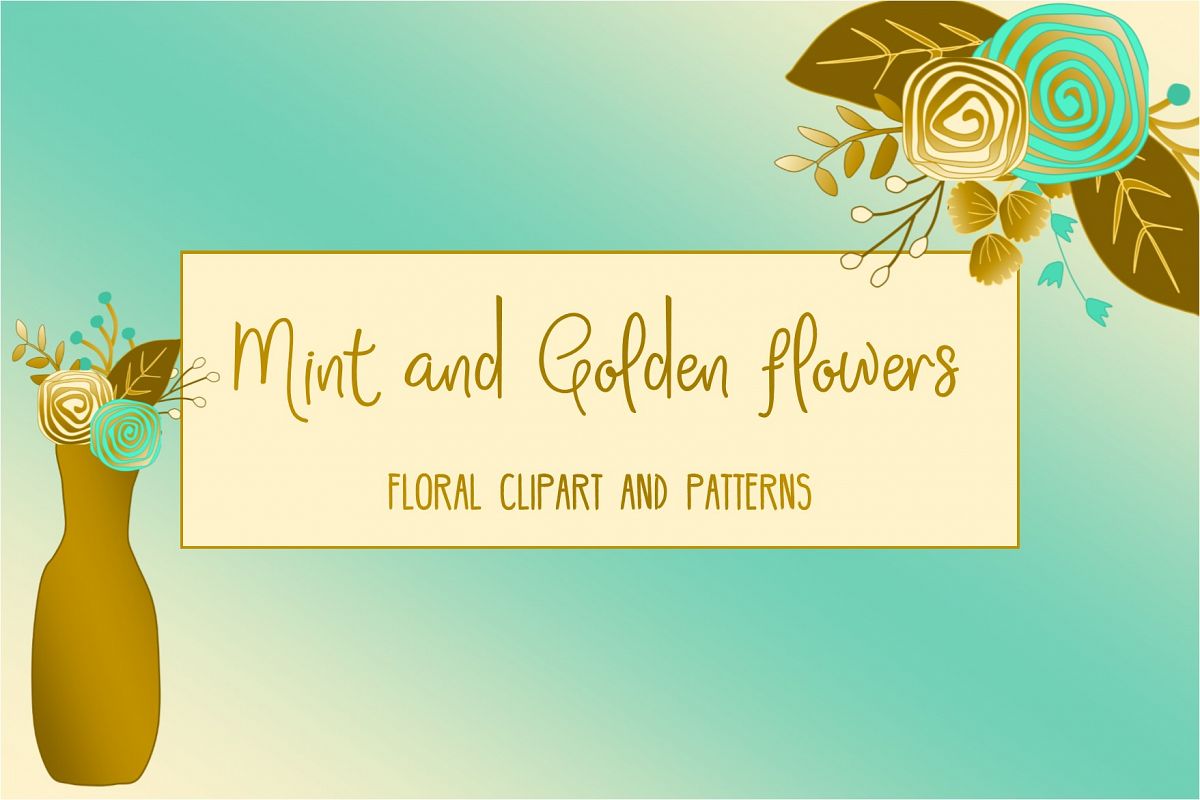 Gold and mint floral collection. Clip art and patterns. example image 1