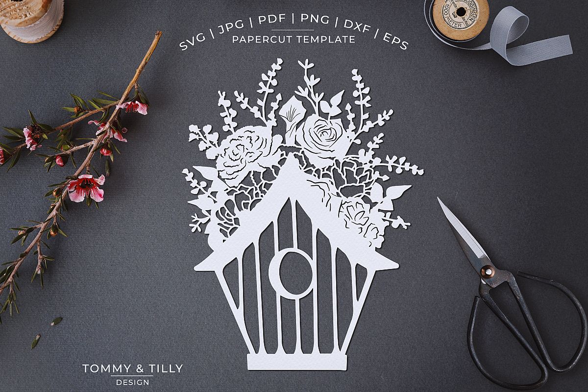 Romantic Floral Birdhouse - Papercut Template SVG JPG PNG example image 1