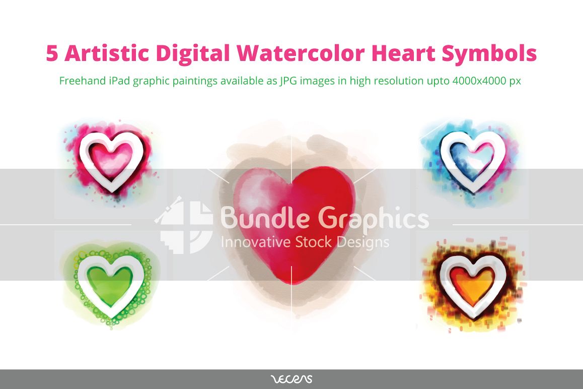 5 Artistic Digital Watercolour Heart Symbols example image 1