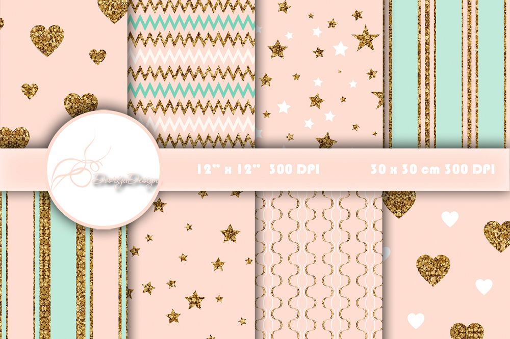 Digital Papers Gold, mint and pink example image 1