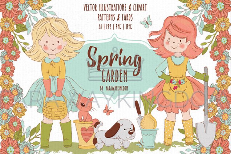 SPRING GARDEN Woman Season Work Vector Illustration Set example image 1