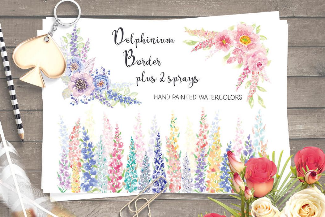 Watercolor border of Delphinium flowers example image 1