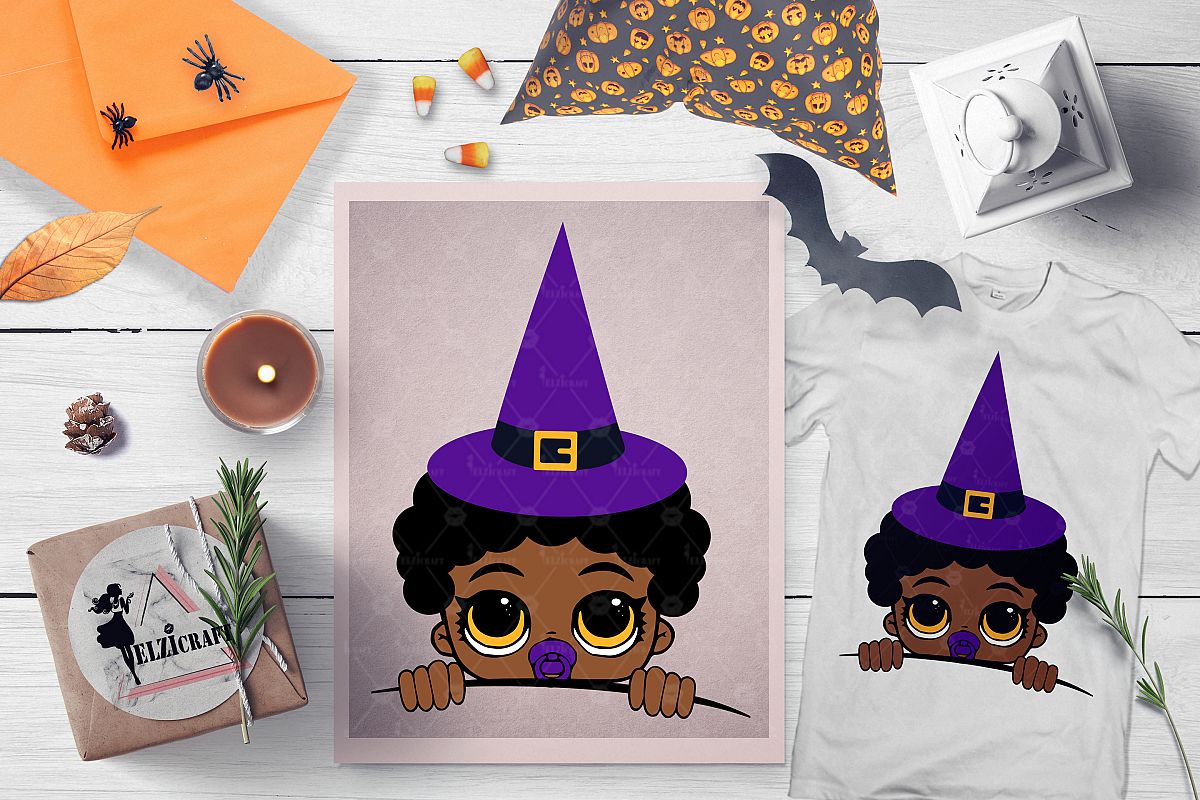 Halloween Peeking Witch Afro Baby Boy SVG Cut File example image 1