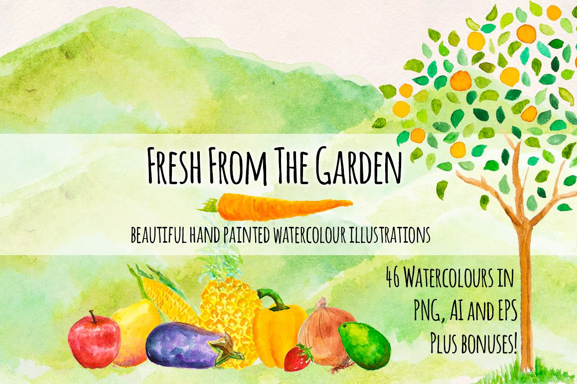 Fresh Fruits and Vegetables Watercolor Paintings Kit example image 1