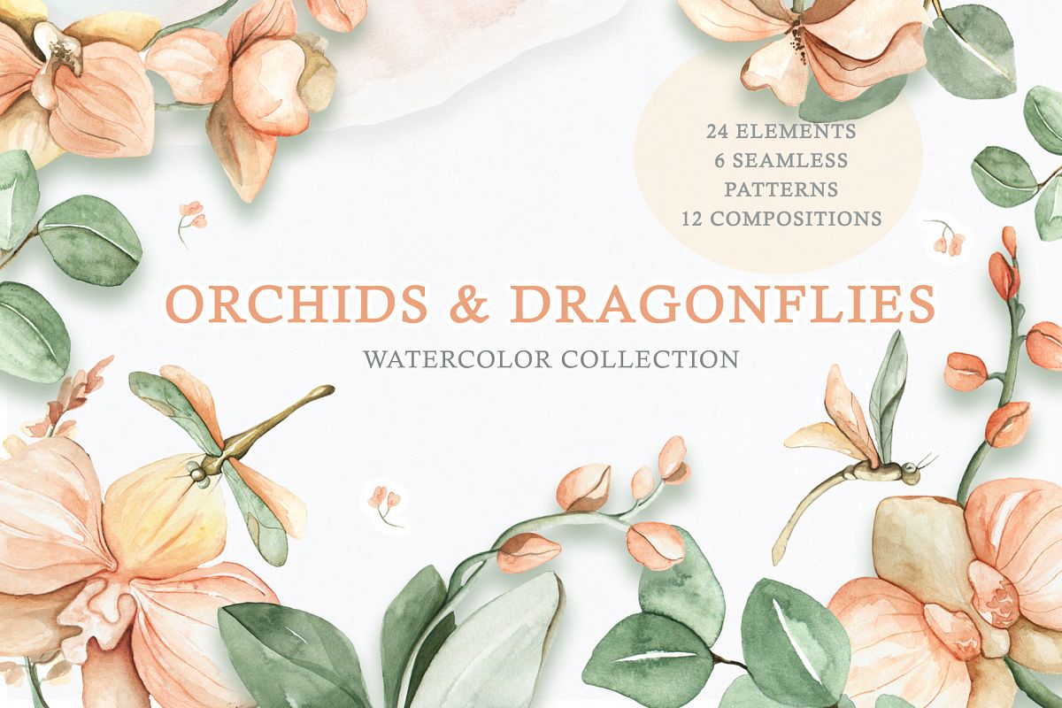Watercolor Set Orchids and Dragonflies example image 1