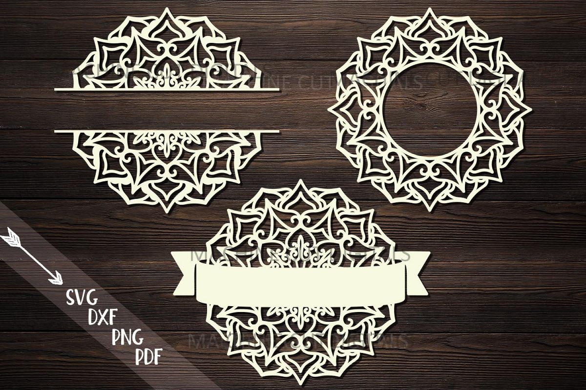 Mandala Monogram frame bundle split circle ribbon svg cut example image 1