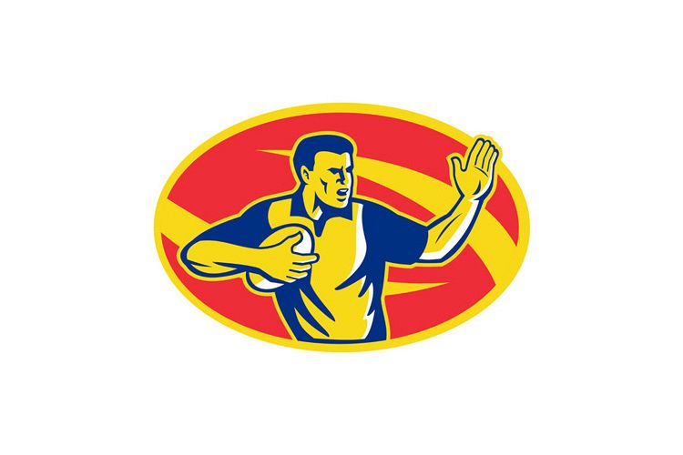 Rugby Player Running Fending Ball Retro example image 1