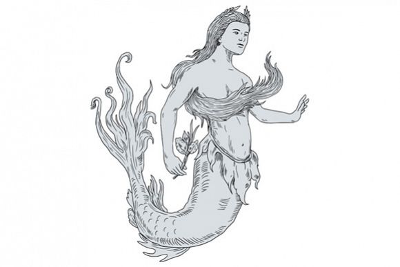 Vintage Mermaid Holding Flower Drawing example image 1