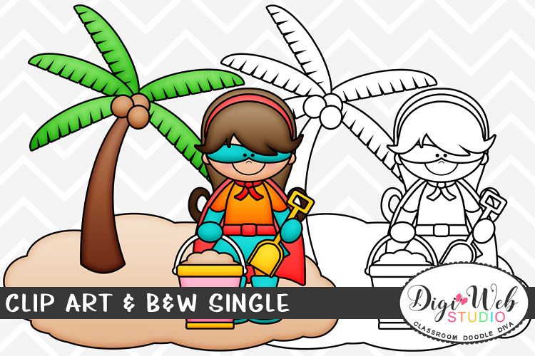 Clip Art & B&W Single - Superhero Girl w/ Bucket of Sand example image 1