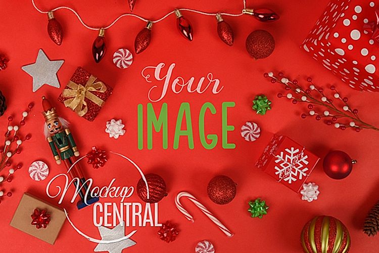 Red Christmas Background Tabletop Mock Up, JPG Mockup example image 1
