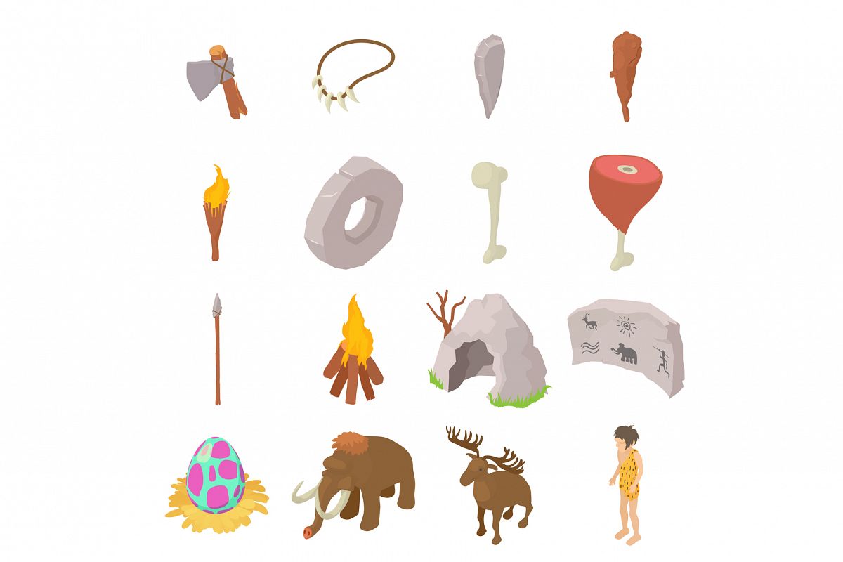 Cavemen human icons set, isometric style example image 1