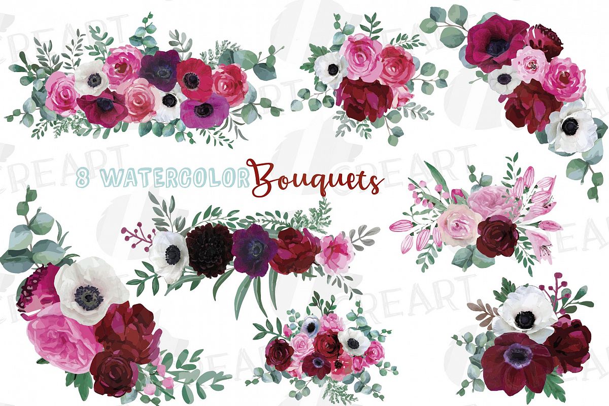 Watercolor elegant floral bouquets 2, rose, anemone decor example image 1