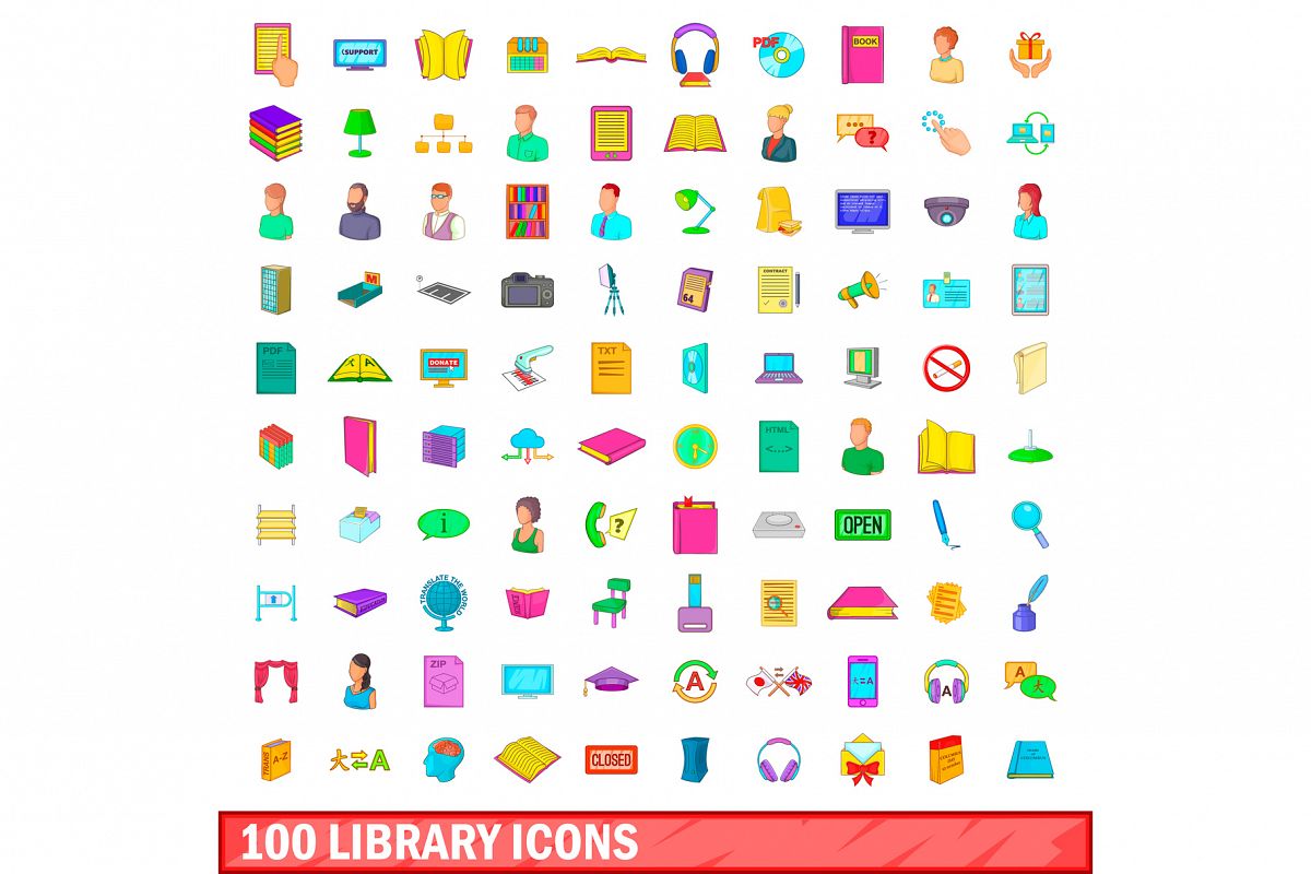 100 library icons set, cartoon style example image 1