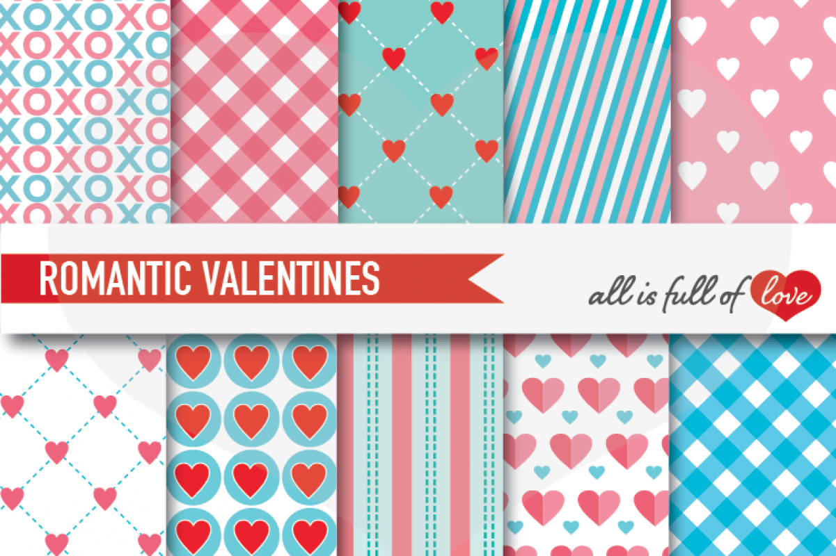 Turquoise and Pink Valentines Day Patterns Hot Love Digital Paper Pack example image 1