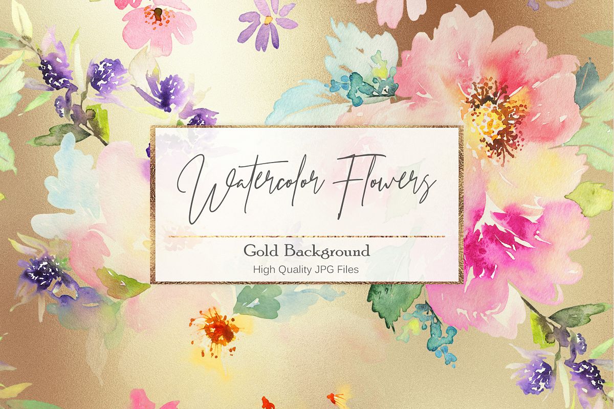Watercolor Flowers Gold Backgrounds example image 1
