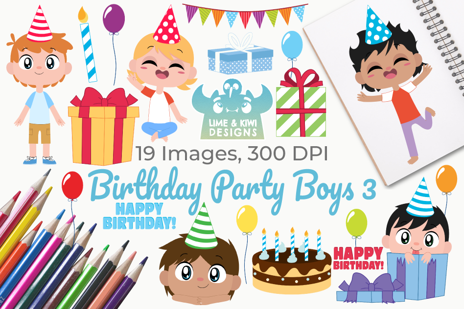Birthday Party Boys 3 Clipart, Instant Download Vector Art example image 1