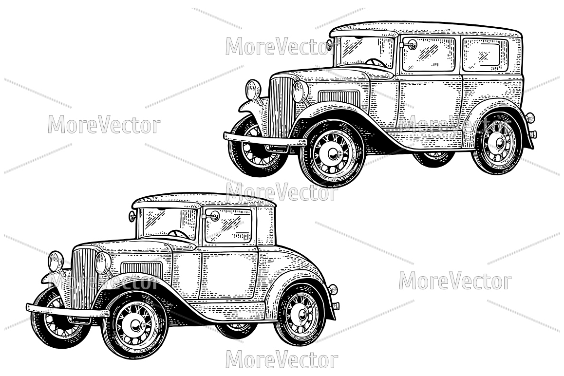 Retro car sedan and coupe. Side view. Vintage black engraving example image 1