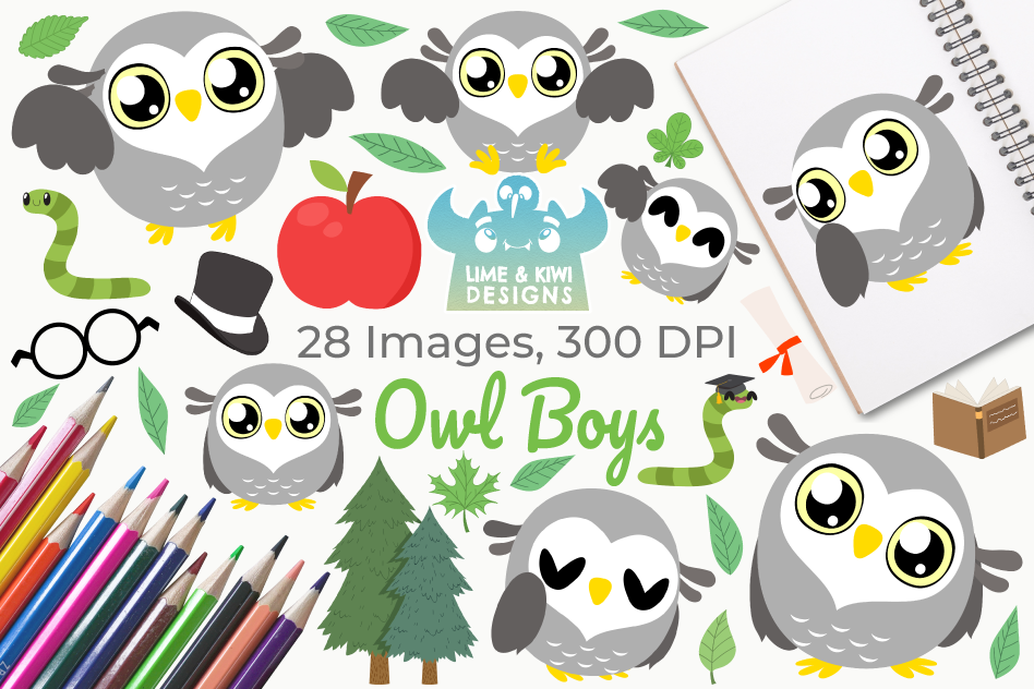 Owl Boys Clipart, Instant Download Vector Art example image 1