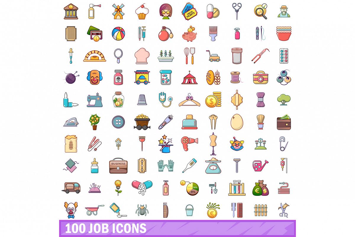 100 job icons set, cartoon style example image 1