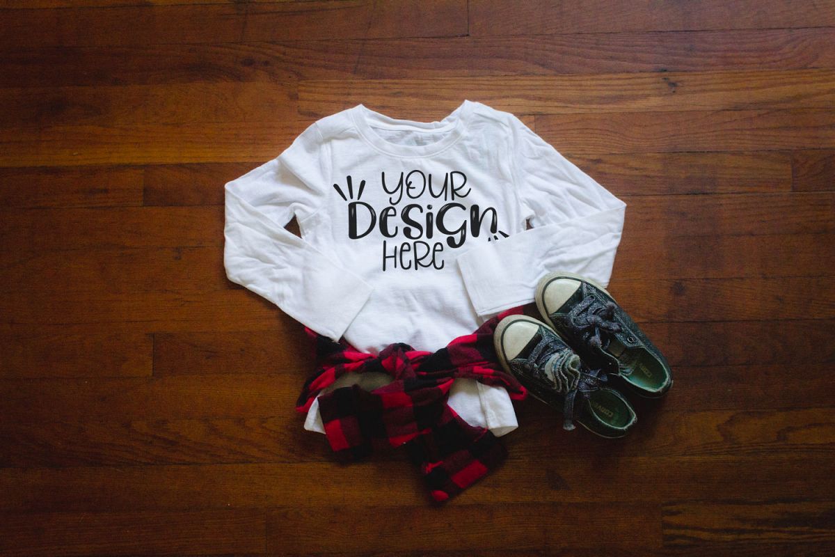 Youth girls white long sleeve shirt, buffalo plaid, mockup example image 1