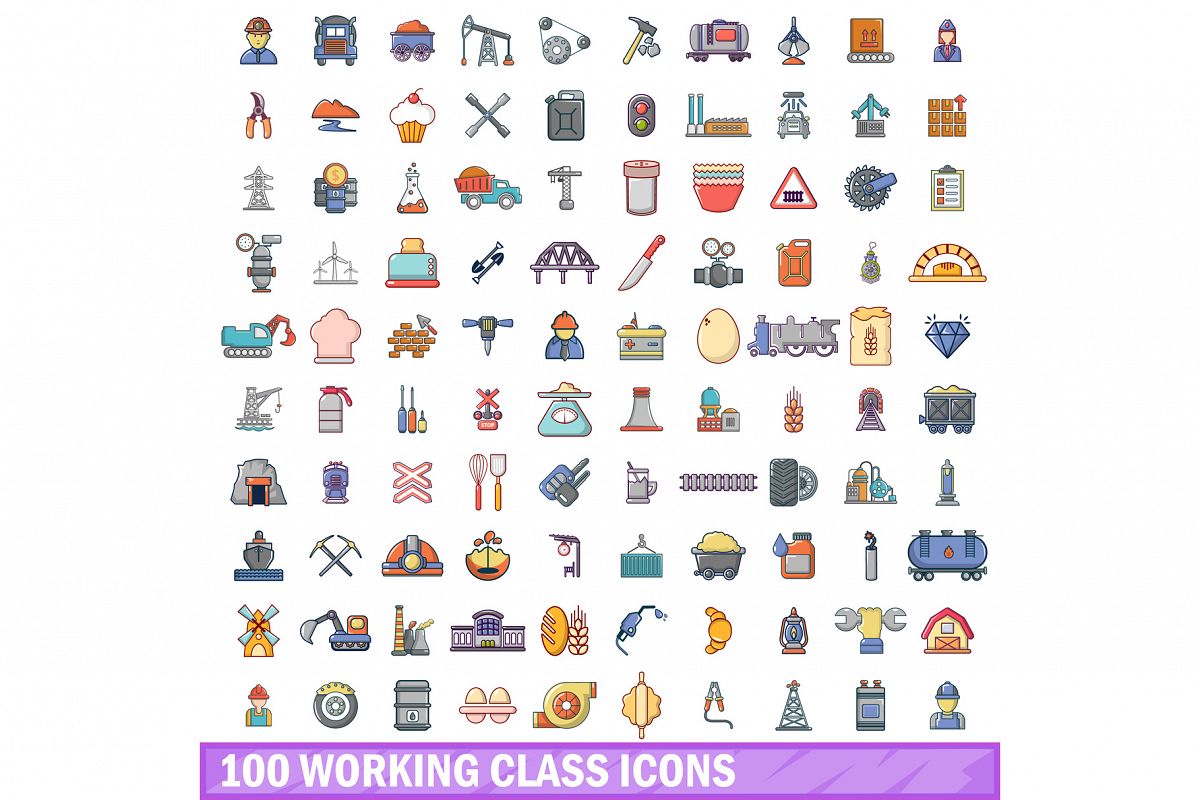 100 working class icons set, cartoon style example image 1
