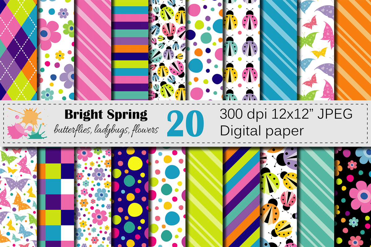 Bright Spring Digital Paper with butterflies, ladybugs and flowers / Spring bugs background / Scrapbooking paper example image 1